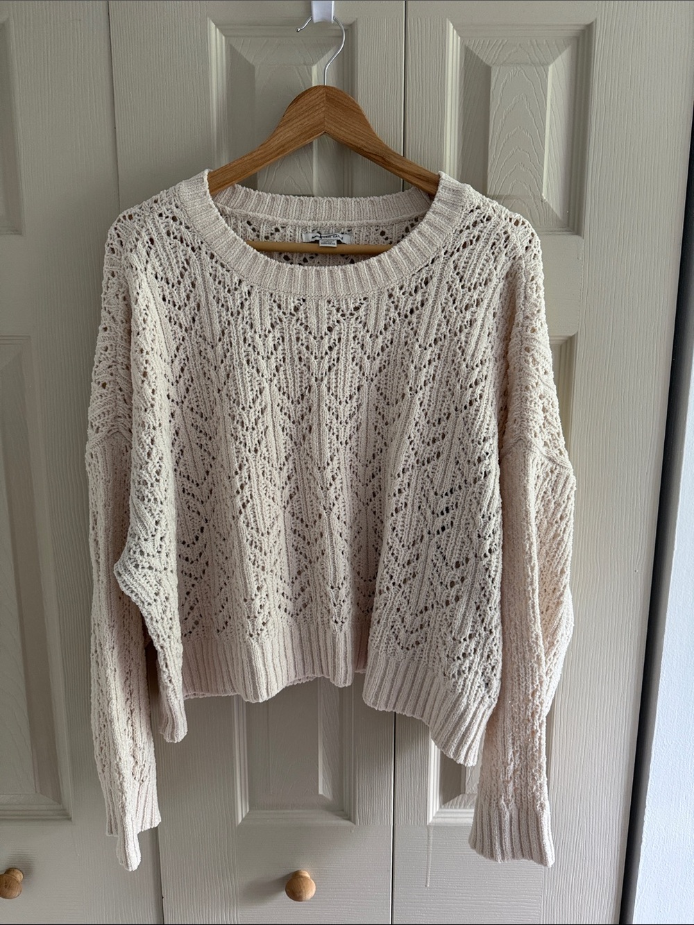 American Eagle Outfitters Beige Open-Knit Crewneck Sweater